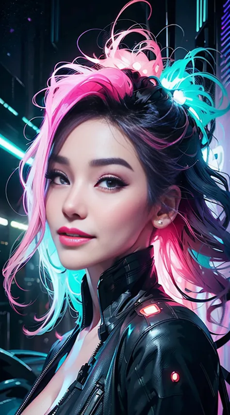 A stunning woman with vibrant neon hair, enchanting smile, happy lips, looking to the right, glowing in the midst of galaxy form...