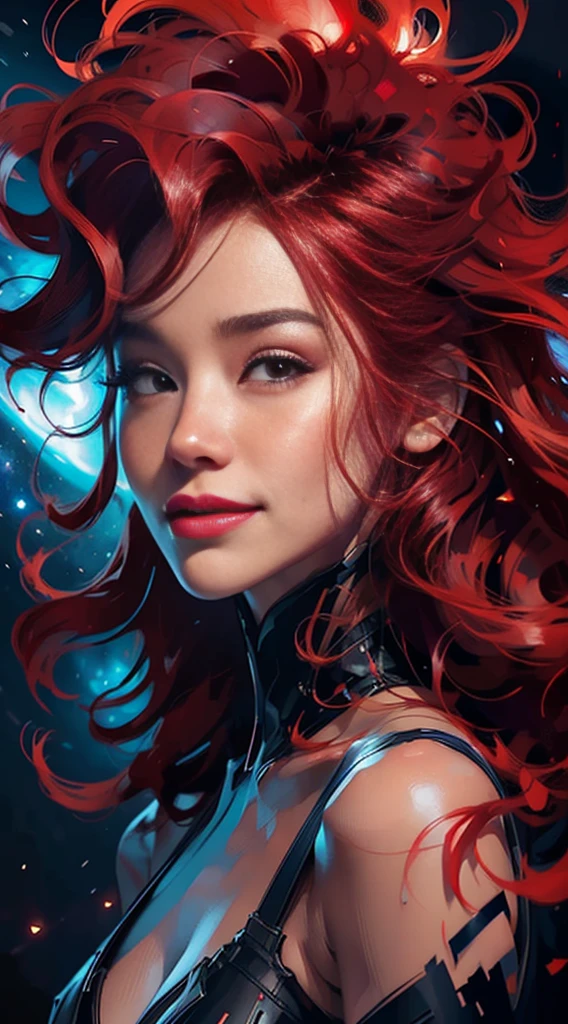 A stunning woman with vibrant red hair, upper body portrait, enchanting smile, happy lips, looking to the right, glowing in the midst of galaxy formations, detailed and realistic textures, monochromatic, surreal and mysterious, hyperrealistic, modern art, 8k digital painting, trending in Artstation, cinematic lighting, and dynamic composition.