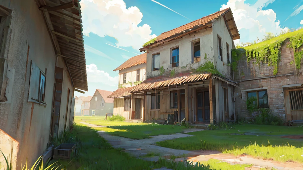 abandoned building covered in grass, town eroded by nature, summer sky