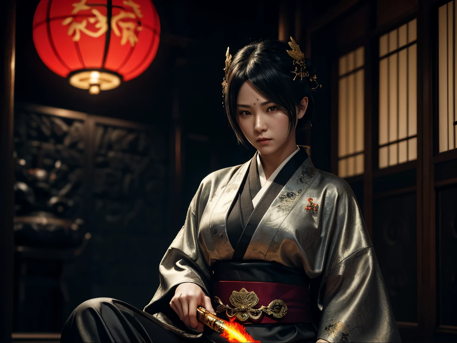 Unreal Engine 5,full HD,Final Fantasy render,black scarlet gold Japan teenage women,good figure,black eye mask,short bob hair,hairpins,the author:Nier:Automata character,zen temple background,Wear luxury sexy Kimono,effect with aurora surround,Holding long vintage pipe,smoking in the air, sitting on the iron thrones,poses bautiful movement,detailed silver kimono,black etched Kimono, effect flame in the air,and showcase the glowing angry golden red Japan dragon behind her back