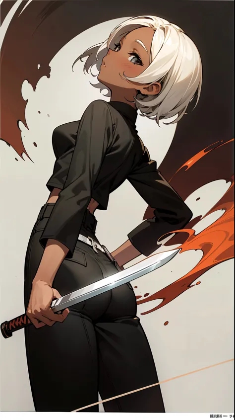 （1girll）dark skin girl , Dynamic angle , Official art , Standing , Bottom view , Black clothe , Short hair , Holding sword 
