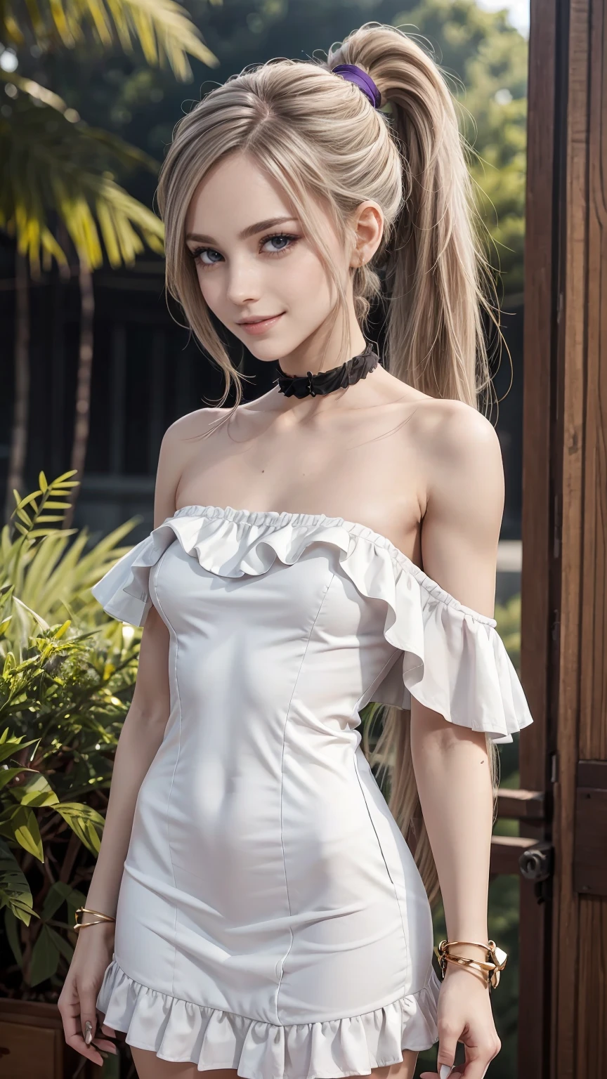 22 year old white female、Hair color is a gradation of brown and purple、eye color is blue、long hair、setting hair、Have a ponytail、accessories on wrist、I&#39;m wearing a choker、skin is smooth、smile、Slender but muscular body、My heart is pounding、high resolution、She is wearing a one-shoulder dress with frills.、