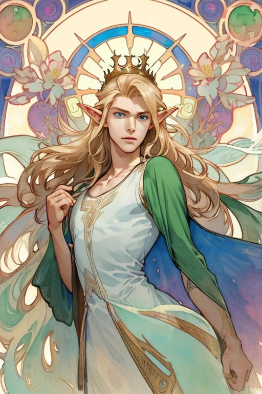 (Best Photo), (Watercolor), ((Matte)), (by Mucha), (Thick Contour), Flowing Lines, (High Resolution, Super Detail), Elf, 1 boy, 14 years old, Slim, Shin Guard,, Hair Long Straight, Beautiful golden hair, Blue eyes, Parted bangs, Hair blowing in the wind, simple crown, White skin, Front and upper body, Standing, Green king dress, collarbone, geometric pattern, (flower), front, hand down, soft air, serious, fire magic, symmetry