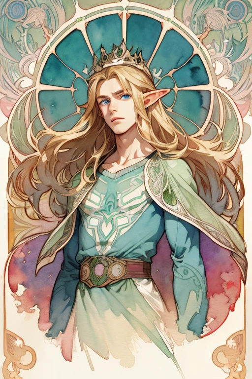 (Best Photo), (Watercolor), ((Matte)), (by Mucha), (Thick Contour), Flowing Lines, (High Resolution, Super Detail), Elf, 1 boy, 14 years old, Slim, Shin Guard,, Hair Long Straight, Beautiful golden hair, Blue eyes, Parted bangs, Hair blowing in the wind, simple crown, White skin, Front and upper body, Standing, Green king dress, collarbone, geometric pattern, (flower), front, hand down, soft air, serious, fire magic, symmetry