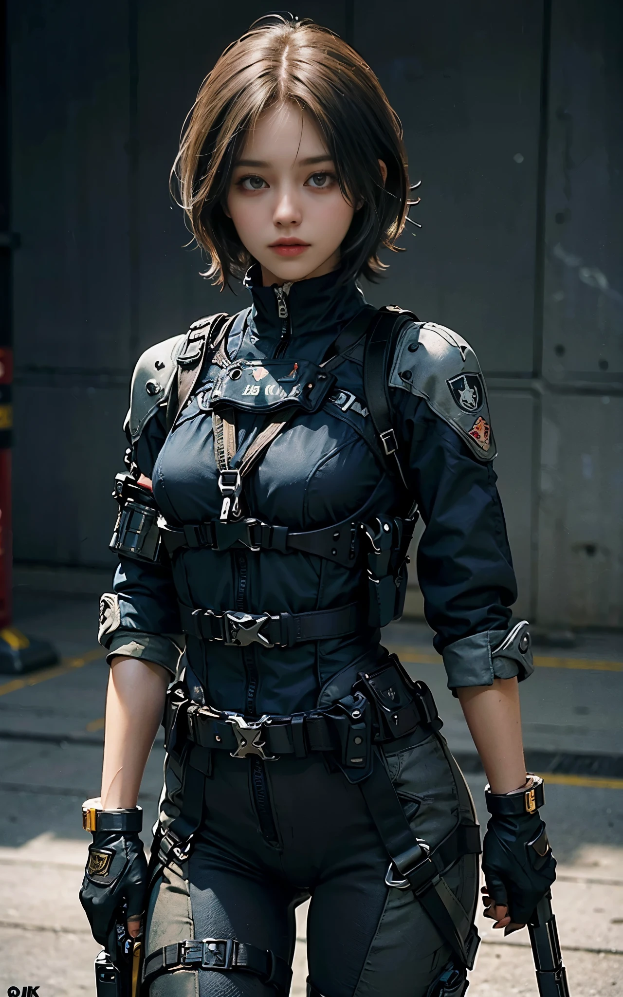 ((Best Quality, 8K, Masterpiece: 1.3)), ((best quality)), photorealistic, photorealism, Photorealistic, high resolution, 1girl aiming with an ak-47 assault rifle, Combat pose, looking at the camera, (Detailed face), short hair, (wearing red rubber suit, tactical vests, military harness, black gloves, high-tech headset), cloths color based on black dark blue), revealed thigh, Gun, Fingers are occluded, concrete wall background,