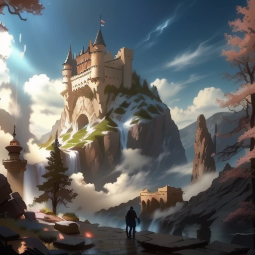 Alafed Castle in the mountains and a man walking along the path, silvain sarrailh, inspired by Raphael Lacoste, A magnificent castle with a high spire, high Fantasy Castle, andreas rocha style, Castle on the mountain, Beautiful castle, illustration matte paint, castle background, medieval fantasy game art, Fantasy Castle, Inspired by Sylvain Saraira