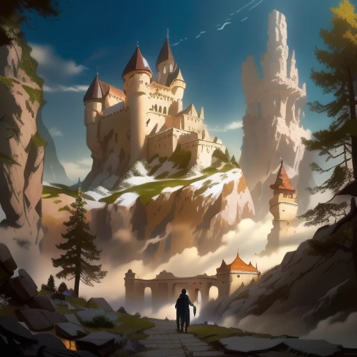 Alafed Castle in the mountains and a man walking along the path, silvain sarrailh, inspired by Raphael Lacoste, A magnificent castle with a high spire, high Fantasy Castle, andreas rocha style, Castle on the mountain, Beautiful castle, illustration matte paint, castle background, medieval fantasy game art, Fantasy Castle, Inspired by Sylvain Saraira