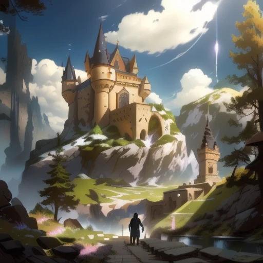 Alafed Castle in the mountains and a man walking along the path, silvain sarrailh, inspired by Raphael Lacoste, A magnificent castle with a high spire, high Fantasy Castle, andreas rocha style, Castle on the mountain, Beautiful castle, illustration matte paint, castle background, medieval fantasy game art, Fantasy Castle, Inspired by Sylvain Saraira