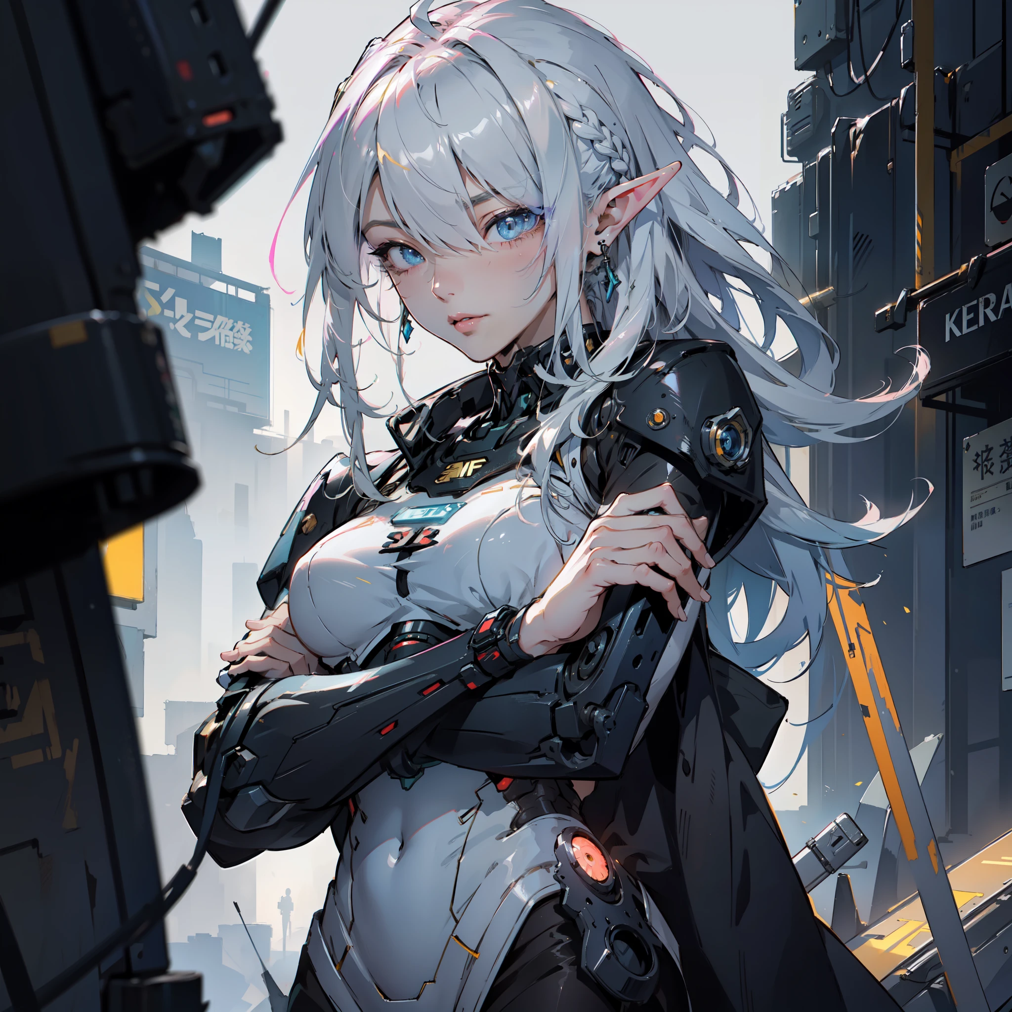 ((masterpiece)), (top quality), (best quality), ((ultra-detailed, 8k quality)), Aesthetics, Cinematic lighting, (detailed line art), absurdres, (best composition), (high-resolution),
BREAK,
Beauty of a elf girl, police cyberpunk, mecha girl, tech wear uniform organic cyborg, white plastic, yellow techwear clothing, yellow and black safety tapes, full armor, Detailed Cloth, and armored Texture, cowboy shot, crossed arms, fantasy, intricate, elegant, highly detailed, lifelike, photorealistic, digital painting, artstation, illustration, concept art, smooth, sharp focus, art by Yoji Shinkawa, by Mikimoto Haruhiko, by Artgerm,
BREAK,
highly detailed of (elf), (1girl), solo, perfect face, details eye, ahoge, ((long hair:1.2)), (hair over one eye:1.3), [[Messy hair]], shiny blonde white hair, blue eyes, multicolored hair, (eyelashes, eyeshadow, pink eyeshadow), smile, design art by Mikimoto Haruhiko, by Kawacy, By Yoshitaka Amano,
BREAK, 
((perfect anatomy)), perfect body, Abs, medium breast, best hands, perfect face, beautiful face, beautiful eyes, perfect eyes, (perfect fingers, deatailed fingers), correct anatomy, 
BREAK, 
Watercolor wash painting, muted colors, warm colors, best quality, delicate brushwork,painting style background, abandoned building, neon-lit cyberpunk cityscape, industrial, cables and pipes, ventilation ducts, (depth of field:1.2), (blurry background:1.2),the style of Mikimoto Haruhiko, Artgerm, Kentaro Miura style, the style of Mikimoto Haruhiko, Artgerm, Kentaro Miura style,
