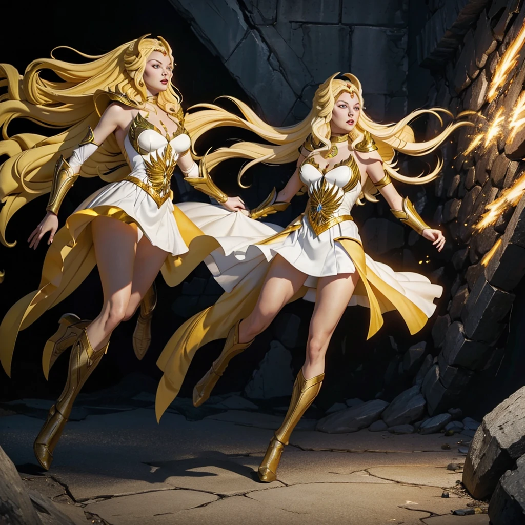 (((Ganzkörperfoto))) Eine wunderschöne Kriegerin, mit langen weißen Haaren und gelben Augen, trägt eine weiß-goldene DC Comics Shazam-Rüstung mit mehreren gelben Strahlen, die über ihren Körper verlaufen