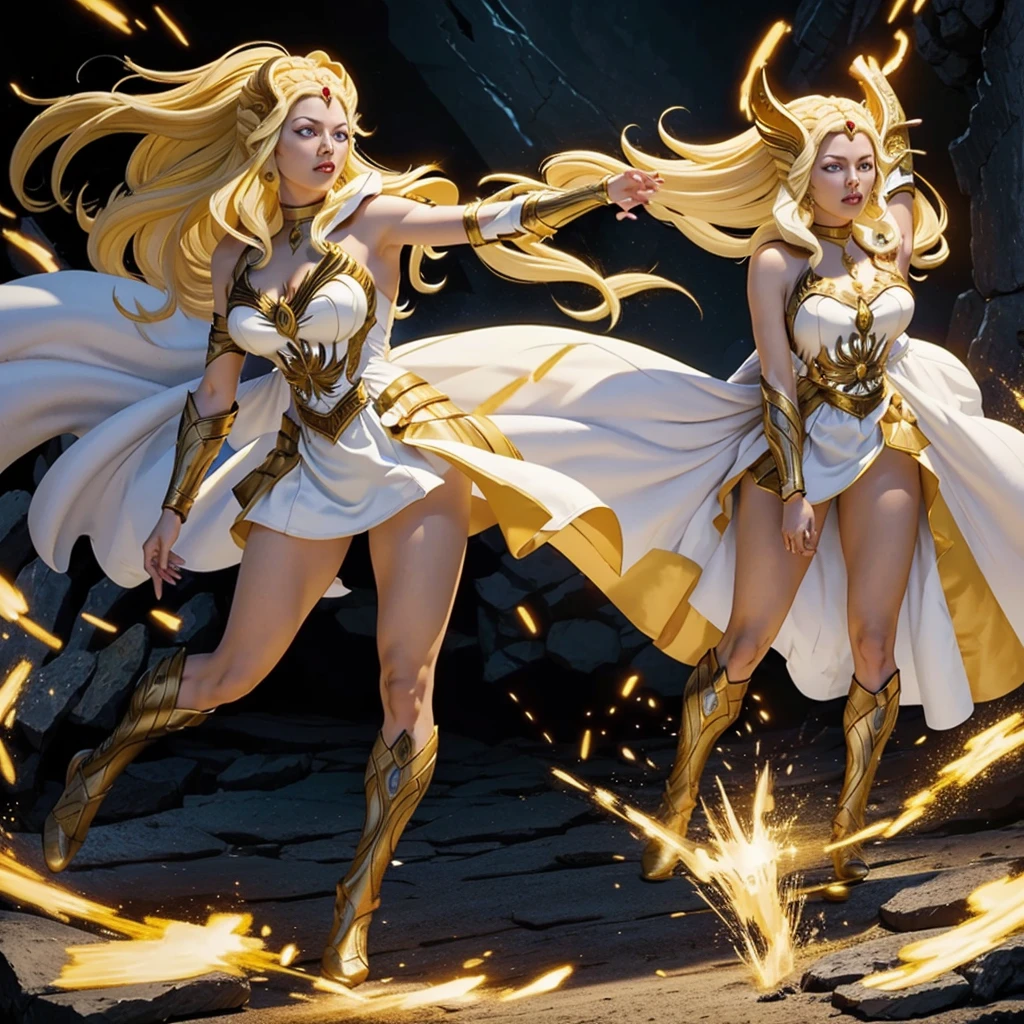 (((foto de cuerpo completo))) una hermosa mujer guerrera, con pelo largo blanco y ojos amarillos, vistiendo una armadura Shazam de cómics de DC blanca y dorada con varios rayos amarillos recorriendo su cuerpo