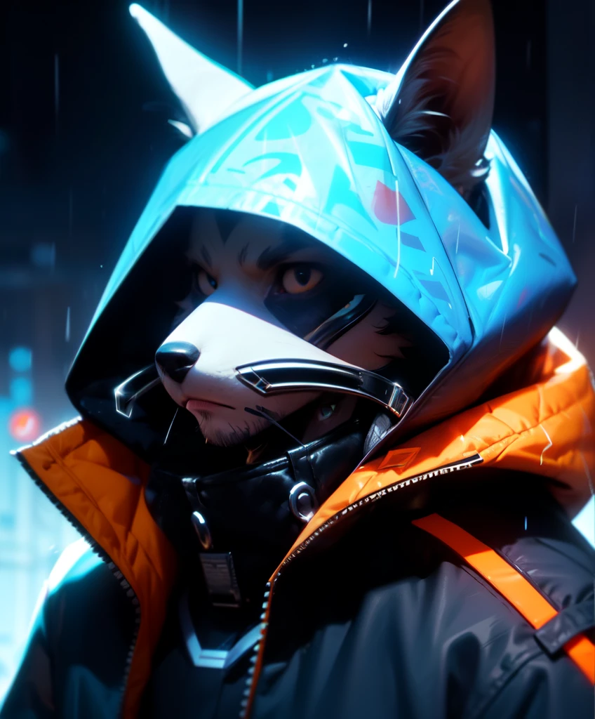 muste piece、highest quality、solo、rain、hood、fur、hoodアップ、Jacket、Upper body、hood付きJacket、closed your mouth、Beard、raincoat、Doberman dog、hairy、Flabby ears、blue eye、Portrait、muste piece、highest quality、Black trench coat、orange pattern、White mask、Cyberpunk Personality