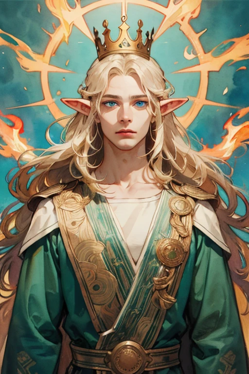 (Best Photo), (Watercolor), ((Matte)), (by Mucha), (Thick Contour), Flowing Lines, (High Resolution, Super Detail), Elf, 1 man, 35 years old, strong, Hair,, Hair Long Straight, Beautiful golden hair, Blue eyes, Parted bangs, Hair blowing in the wind, simple crown, White skin, Front and upper body, Standing, green king outfit, collarbone, geometric pattern, (flame), front, hand down, soft air, serious, fire magic, symmetry