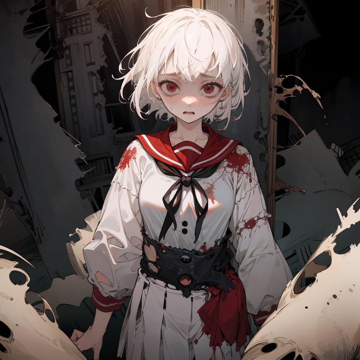 masterpiece,finely detail,8K,Haunted spot,mid night,abandoned house,horror atmosphere,Short white hair, red eyes,Frightened look,Tears,Tattered white sailor suit、Tattered skirt、Sweat appears、Frightened by fear、Dark places with no light、