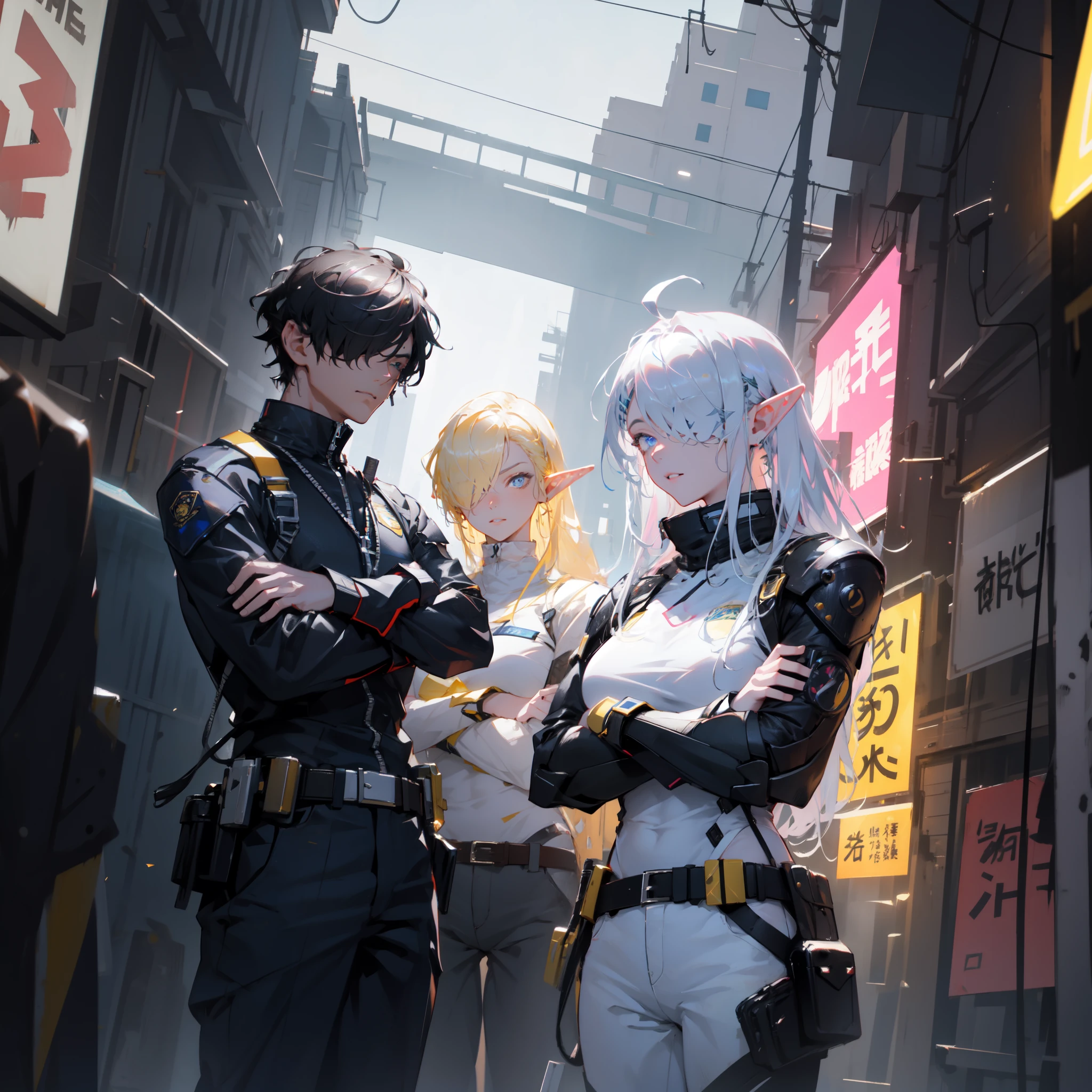((masterpiece)), (top quality), (best quality), ((ultra-detailed, 8k quality)), Aesthetics, Cinematic lighting, (detailed line art), absurdres, (best composition), (high-resolution),
BREAK,
Beauty of a elf girl, mecha girl, tech wear police uniform organic cyborg, white plastic, yellow techwear clothing, yellow and black safety tapes, full armor, Detailed Cloth, and armored Texture, She is major police in cyberpunkwith his squad, cyberpunk, cowboy shot, ((crossed arms:1.2)), fantasy, intricate, elegant, highly detailed, lifelike, photorealistic, digital painting, artstation, illustration, concept art, smooth, sharp focus, art by Yoji Shinkawa, by Mikimoto Haruhiko, by Artgerm,
BREAK,
highly detailed of (elf), (1girl), solo, perfect face, details eye, ahoge, ((long hair:1.2)), (hair over one eye:1.3), [[Messy hair]], shiny blonde white hair, blue eyes, multicolored hair, (eyelashes, eyeshadow, pink eyeshadow), smile, design art by Mikimoto Haruhiko, by Kawacy, By Yoshitaka Amano,
BREAK, 
((perfect anatomy)), perfect body, Abs, medium breast, best hands, perfect face, beautiful face, beautiful eyes, perfect eyes, (perfect fingers, deatailed fingers), correct anatomy, 
BREAK, 
Watercolor wash painting, muted colors, warm colors, best quality, delicate brushwork,painting style background, abandoned building, neon-lit cyberpunk cityscape, industrial, cables and pipes, ventilation ducts, crowded police squad, (depth of field:1.2), (blurry background:1.2),the style of Mikimoto Haruhiko, Artgerm, Kentaro Miura style, the style of Mikimoto Haruhiko, Artgerm, Kentaro Miura style,