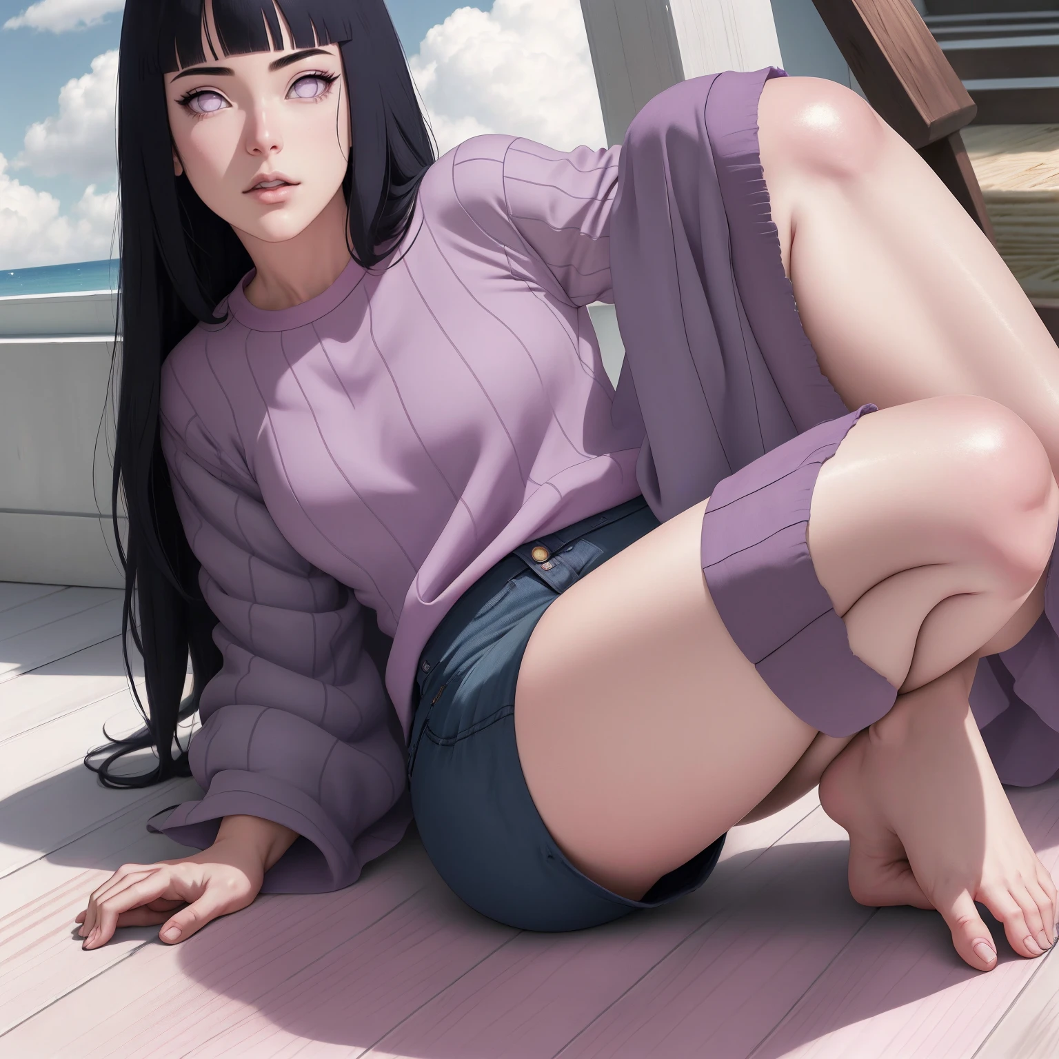 { - anatomy error} (Masterpiece - Ultra-detailed, very high resolution) , absurdos, Hinata\(Boruto\), 1girl, sozinho,Mature female, Capuz roxo,mangas em camadas, jeans, ao ar livre, Cloudy sky, perfect composition, circunstanciado lips, peito grande, beautiful face, body propotion, corar, (pink lips), cabelos pretos curto (black hair), lilac eyes, olhar suave, super realistic, circunstanciado, rosto e corpo realistas, Realistic hair, olhos realistas, nariz realista, realistic lips,  anime. Walking on the floor with lilac shoes.