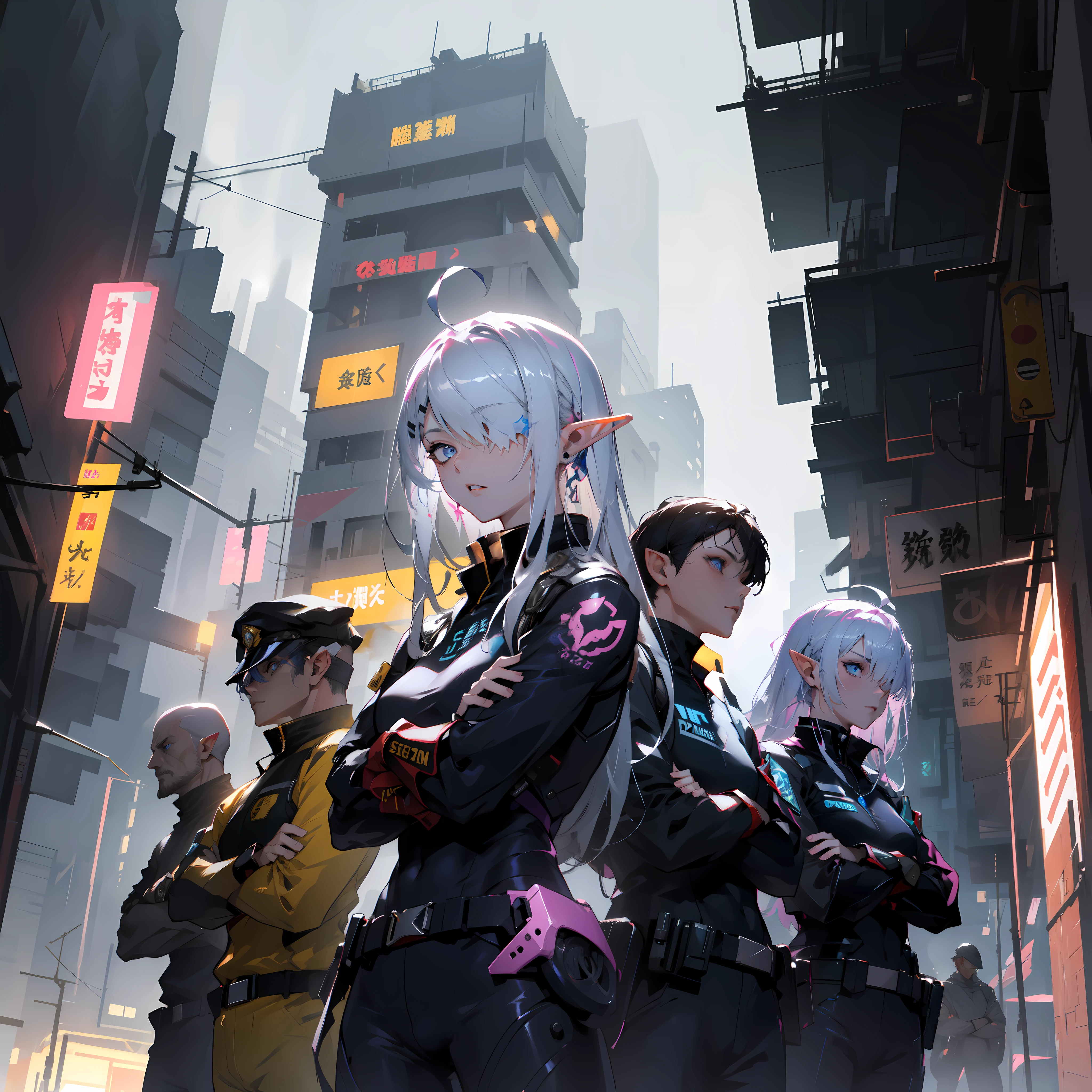 ((masterpiece)), (top quality), (best quality), ((ultra-detailed, 8k quality)), Aesthetics, Cinematic lighting, (detailed line art), absurdres, (best composition), (high-resolution),
BREAK,
Beauty of a elf girl, mecha girl, tech wear police uniform organic cyborg, white plastic, yellow techwear clothing, yellow and black safety tapes, full armor, Detailed Cloth, and armored Texture, She is major police in cyberpunkwith his squad, cyberpunk, cowboy shot, walked with ((crossed arms:1.2)), Cinematic dramatic atmosfer, fantasy, intricate, elegant, highly detailed, lifelike, photorealistic, digital painting, artstation, illustration, concept art, smooth, sharp focus, art by Yoji Shinkawa, by Mikimoto Haruhiko, by Artgerm,
BREAK,
highly detailed of (elf), (1girl), solo, perfect face, details eye, ahoge, ((long hair:1.2)), (hair over one eye:1.3), [[Messy hair]], shiny blonde white hair, blue eyes, multicolored hair, (eyelashes, eyeshadow, pink eyeshadow), smile, design art by Mikimoto Haruhiko, by Kawacy, By Yoshitaka Amano,
BREAK, 
((perfect anatomy)), perfect body, Abs, medium breast, best hands, perfect face, beautiful face, beautiful eyes, perfect eyes, (perfect fingers, deatailed fingers), correct anatomy, 
BREAK, 
Watercolor wash painting, muted colors, warm colors, best quality, delicate brushwork,painting style background, abandoned building, neon-lit cyberpunk cityscape, industrial, cables and pipes, ventilation ducts, police line, crowded The police squad walked behind the major, (depth of field:1.2), (blurry background:1.2),the style of Mikimoto Haruhiko, Artgerm, Kentaro Miura style, the style of Mikimoto Haruhiko, Artgerm, Kentaro Miura style,