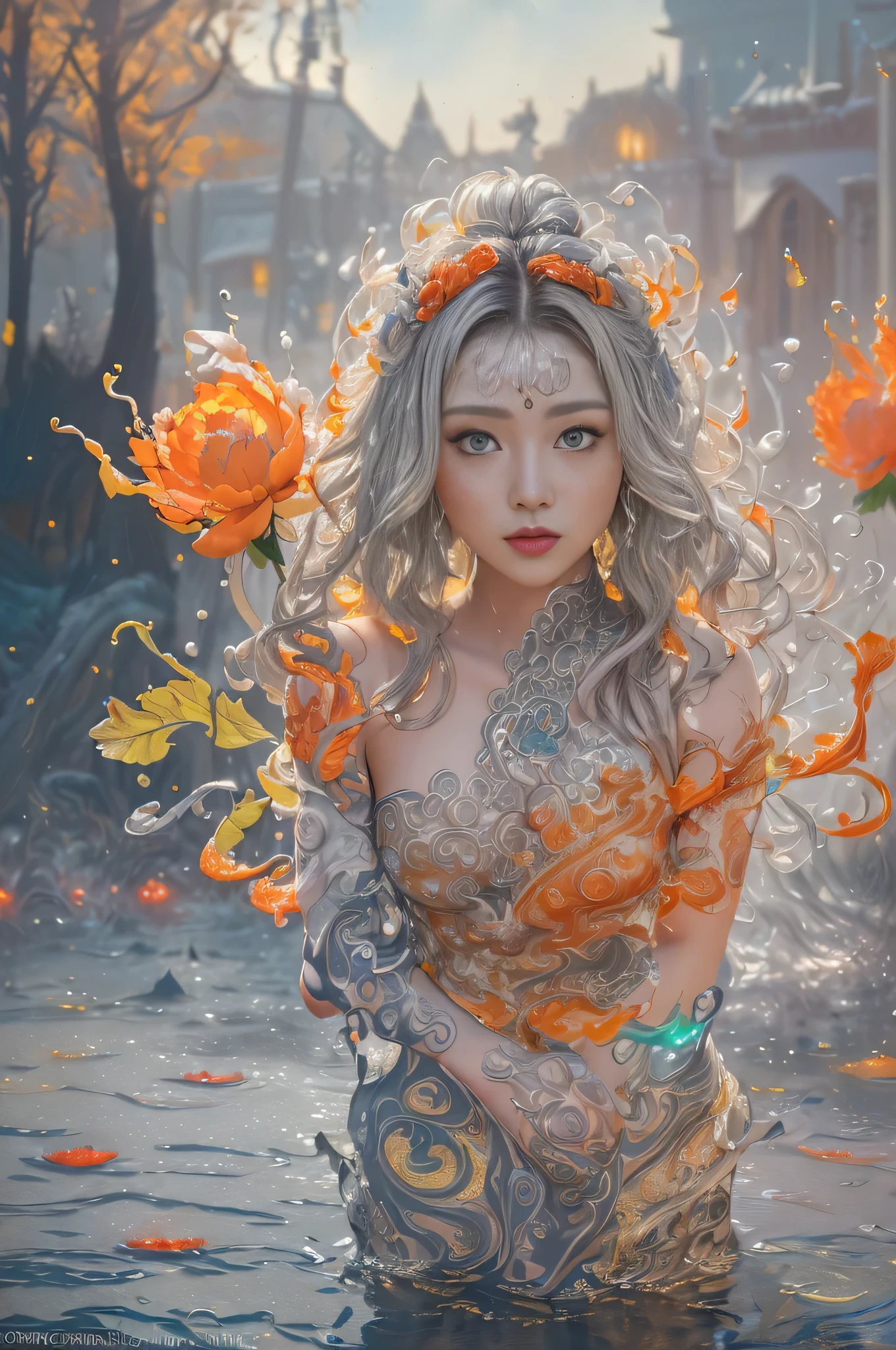 (8k, RAW Photo, Best Quality, Masterpiece: 1), (Photoreal: 1.2), Sharp Focus, Jupiter, Splash Art, (Close-up Liquid Luminous Moon Lady Made of Color), Beautiful Face, Detailed and Perfect face, ((silver, red, orange, light yellow, gray golden, liquid fire peony flower, filigree, filigree details, swirling flame, galaxy, color drop, color wave, moonlight, colorful paint splash style, highly detailed and intricate, unreal engine, fantastic, intricate details, splash screen, complementary colors, fantasy, concept art, 8k resolution, masterpiece, oil painting, heavy strokes, paint dripping, splash art, fantasy art , concept art, Perfect composition centered, complex pose, intricate design,)),