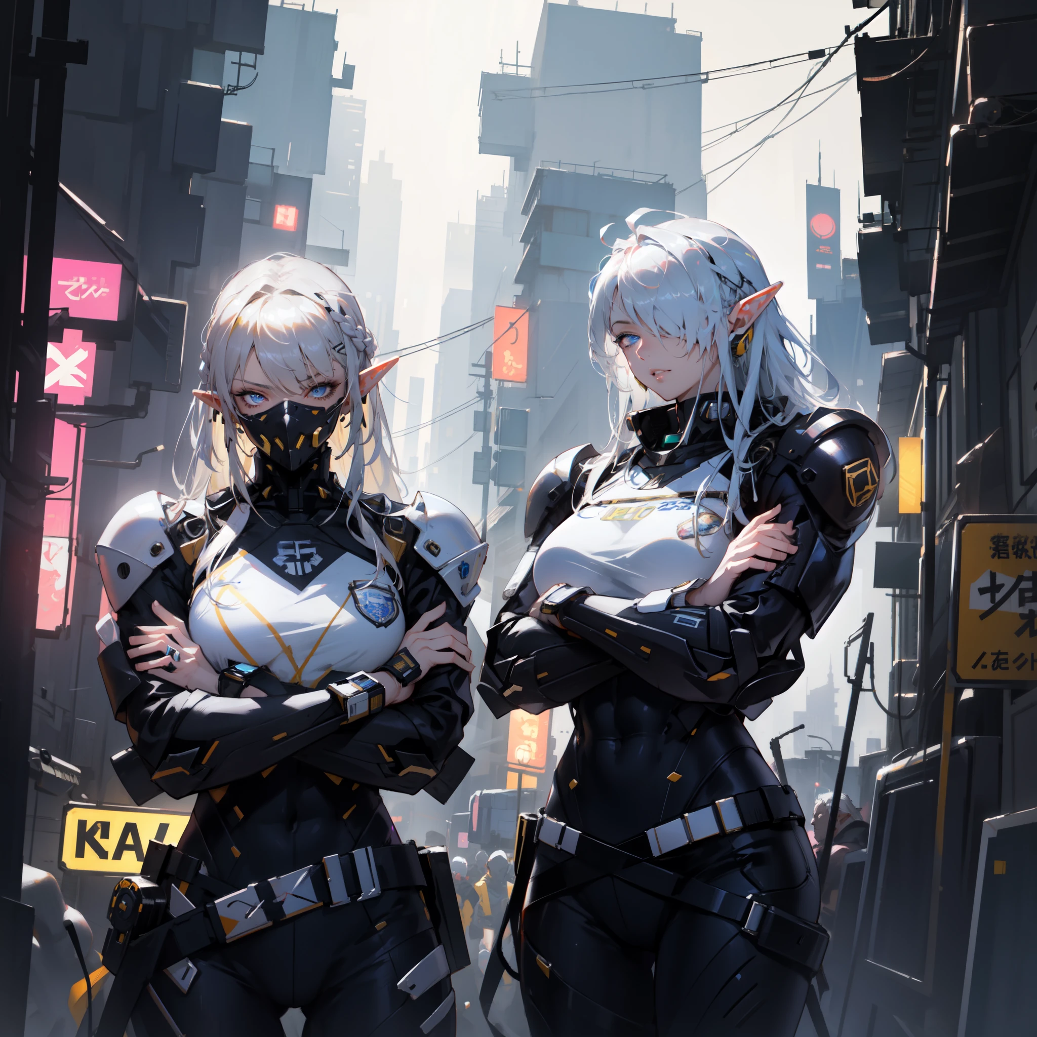 ((masterpiece)), (top quality), (best quality), ((ultra-detailed, 8k quality)), Aesthetics, Cinematic lighting, (detailed line art), absurdres, (best composition), (high-resolution),
BREAK,
Beauty of a elf girl, mecha girl, tech wear police organic cyborg, white plastic armored, (yellow techwear clothing, yellow and black safety tapes), full armor, Detailed Cloth, and armored Texture, She is major police in cyberpunk with his squad, cyberpunk, cowboy shot, walked with ((crossed arms:1.2)), Cinematic dramatic atmosfer, fantasy, intricate, elegant, highly detailed, lifelike, photorealistic, digital painting, artstation, illustration, concept art, smooth, sharp focus, art by Yoji Shinkawa, by Mikimoto Haruhiko, by Artgerm,
BREAK,
highly detailed of (elf), (1girl), solo, perfect face, details eye, ahoge, ((long hair:1.2)), (hair over one eye:1.3), [[Messy hair]], shiny blonde white hair, blue eyes, multicolored hair, (eyelashes, eyeshadow, pink eyeshadow), smile, design art by Mikimoto Haruhiko, by Kawacy, By Yoshitaka Amano,
BREAK, 
((perfect anatomy)), perfect body, Abs, medium breast, best hands, perfect face, beautiful face, beautiful eyes, perfect eyes, (perfect fingers, deatailed fingers), correct anatomy, 
BREAK, 
Watercolor wash painting, muted colors, warm colors, best quality, delicate brushwork,painting style background, abandoned building, neon-lit cyberpunk cityscape, industrial, cables and pipes, ventilation ducts, police line, crowded The police squad walked behind the major, (depth of field:1.2), (blurry background:1.2),the style of Mikimoto Haruhiko, Artgerm, Kentaro Miura style, the style of Mikimoto Haruhiko, Artgerm, Kentaro Miura style,