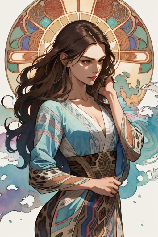 (Best Photo), (Watercolor), ((Matte)), (by Mucha), (Thick Contour), Flowing Lines, (High Resolution, Super Detail), demi-human leopard, 1 woman, 35 years old, sensual, Hair ,, Long shaggy hair, Beautiful brown hair, Brown eyes, Parted bangs, Hair blowing in the wind, leopard ear, medium breasts, White skin, Front and upper body, Standing, silver warrior outfit, collarbone, geometric pattern, (earth), forward, hand down, soft air, serious, earth magic, symmetry