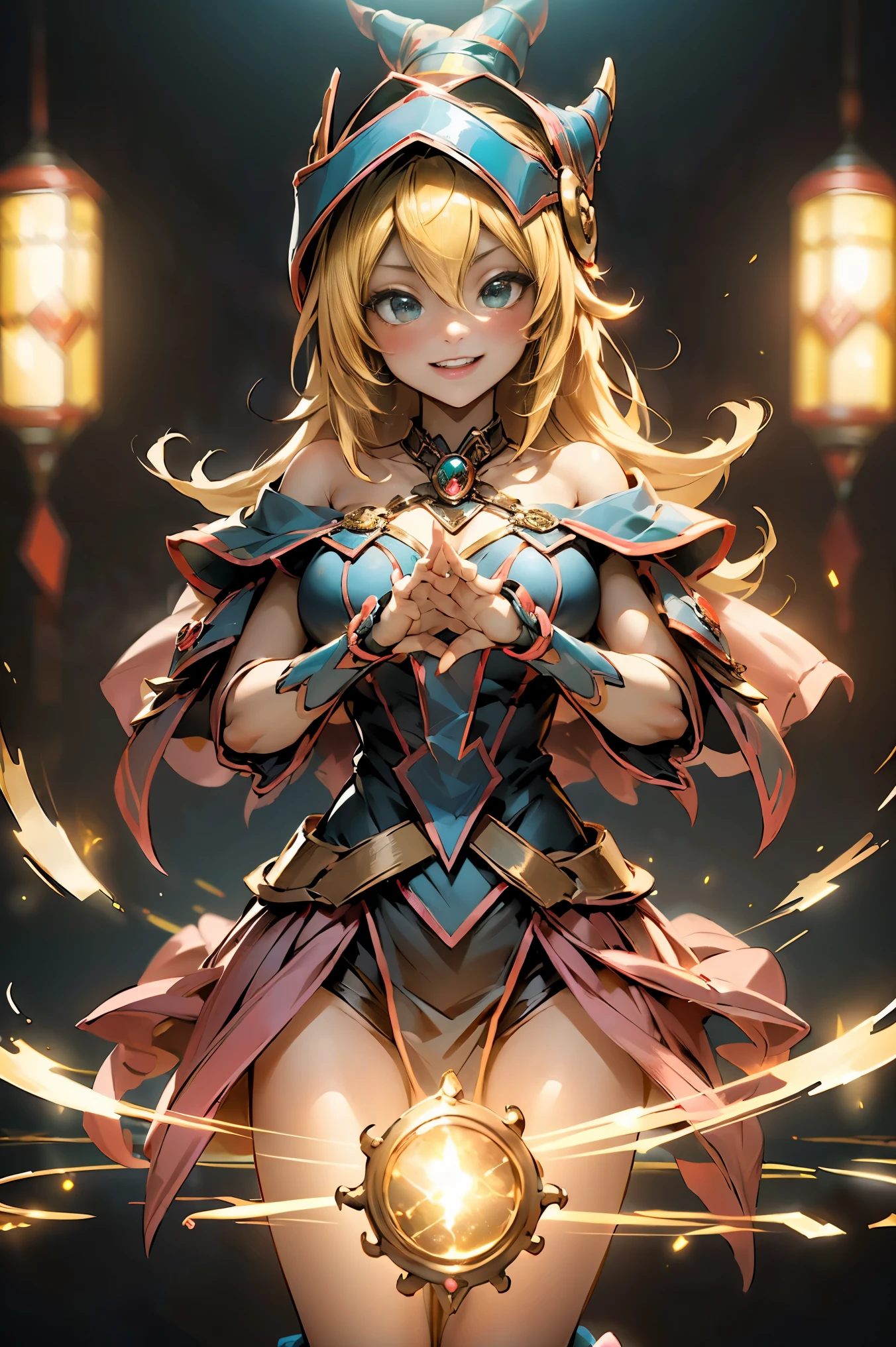 (masterpiece:1.2), (Best Quality:1.2), perfect lighting, The dark magician girl (Casting Spells: 1.3), in her 20floating in the air: 1.3), Visible medium breasts, transparent neckline,  smile, smiling,laughing. from above, Sparkles, (Hands with magical effects: 1.4 )Magic in your hands, Background to the apocalypse、a blonde、Magic at your fingertips