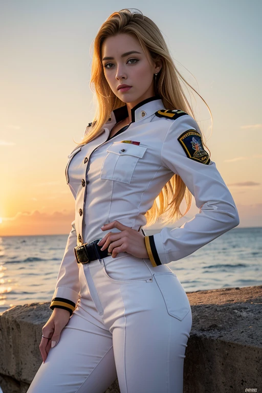 AMBER HEARD,  28 years, (8k,photorealistic RAW photography best quality;1.4), (1 mature female)　super beauty　(realistic face)　Blonde woman in white uniform posing on battleship,　Woman in white military uniform　White pants with military uniform　Navy officer　Beautiful expression　Real looking skin　super high resolution　Precision details　warship deck　sunset