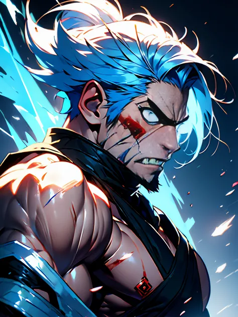 anime, 25 year old male, pale skin, white hair, blue hair, icy hair, hair over eyes, crazy looking, unhinged fighter, dirty figh...