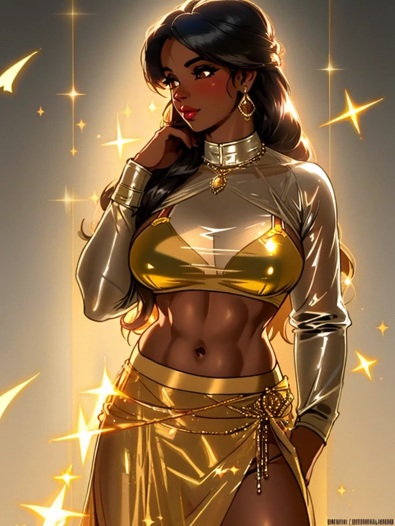 
(best quality,realistic),1female,50-year-old,dark-skinned,long hair,bimbo,indian,ifbb,(sheer top), (gold bra visible through clothes),(shimmering translucent skirt)