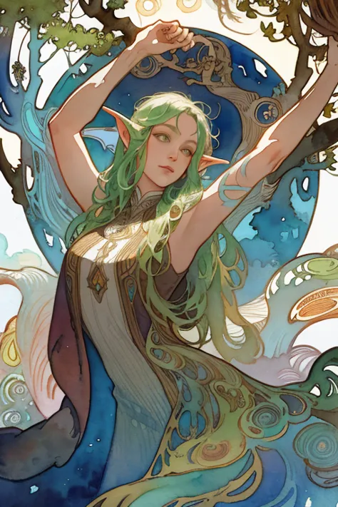 (Best Photo), (Watercolor), ((Matte)), (by Mucha), (Contorno Grosso), Fluid Lines, (High Resolution, Super Detail), an elven cit...