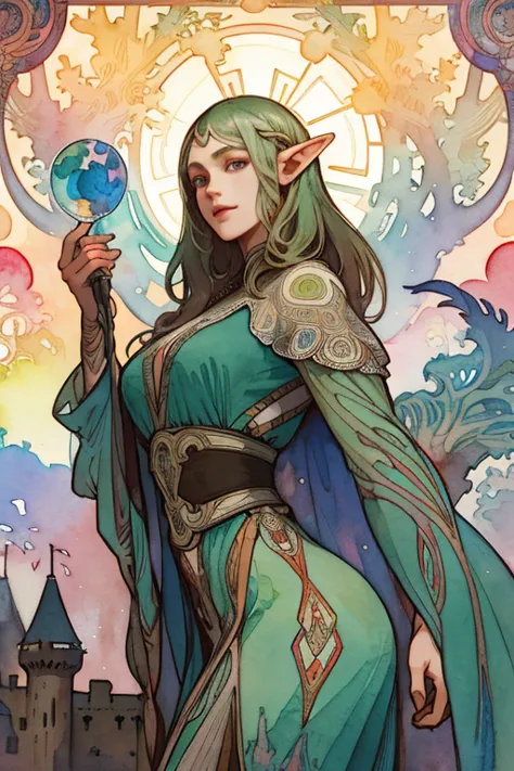 (best photo), (watercolor), ((matte)), (by mucha), (contorno grosso), fluid lines, (high resolution, super detail), an elven cit...