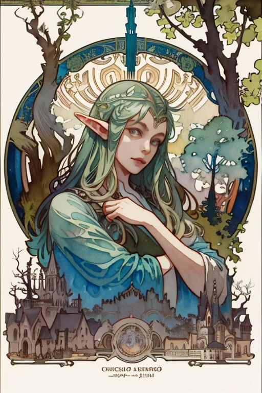 (Best Photo), (Watercolor), ((Matte)), (by Mucha), (Contorno Grosso), Fluid Lines, (High Resolution, Super Detail), an elven city built among the big black trees, castle in the trees ,a majestic city being seen from the front