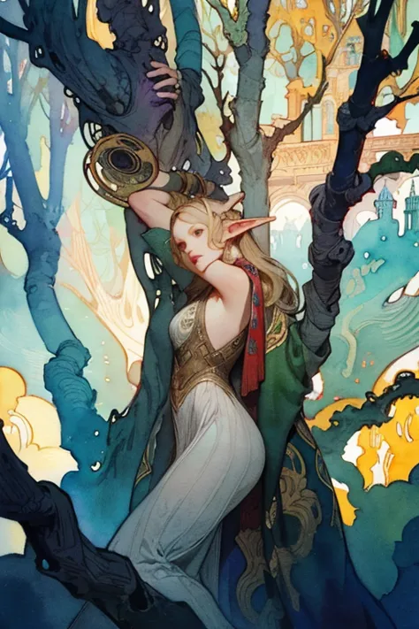 (best photo), (watercolor), ((matte)), (by mucha), (contorno grosso), fluid lines, (high resolution, super detail), an elven cit...