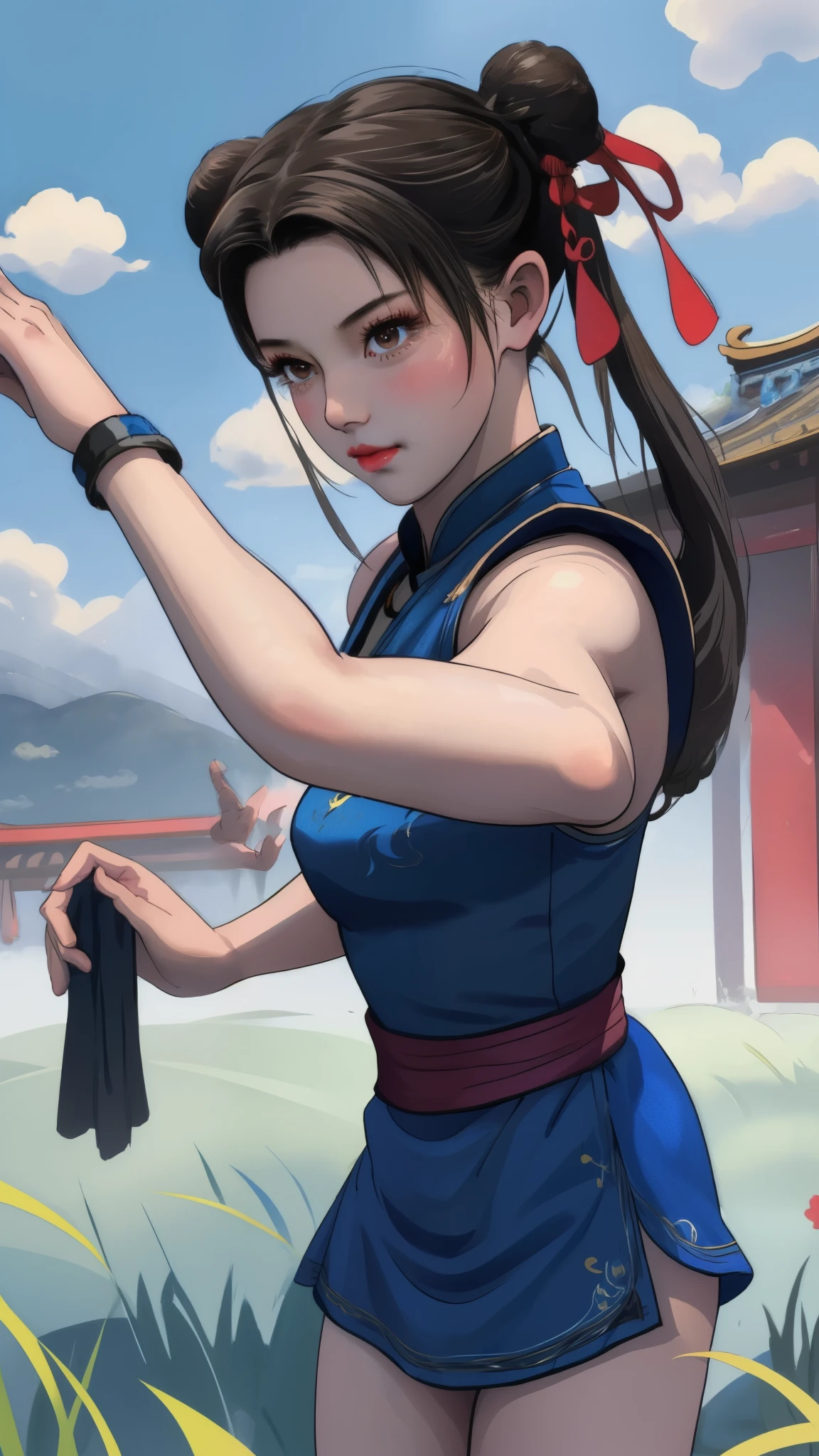 Paichang, Twin blades with blue ribbon, brown eyes, double bun,black hair, alone , Tai Chi stance, close,
Paiati,In a pink dress、, white panties、 No sleeve,
 blue sky, cloudy, evening, grassland, 
(Extremely detailed, beautiful detailed face, masterpiece, highest quality)   Close up of cartoon character with ponytail in field, portrait of Chunli, portrait of Chunli, Chunli, Chunli, Chunli, Inspired by Li Miki, Chunli at the gym, tifa lockhart portrait, highly detailed art germ, Kunoichi, Inspired by Zhu Lian, Inspired by Wu Li