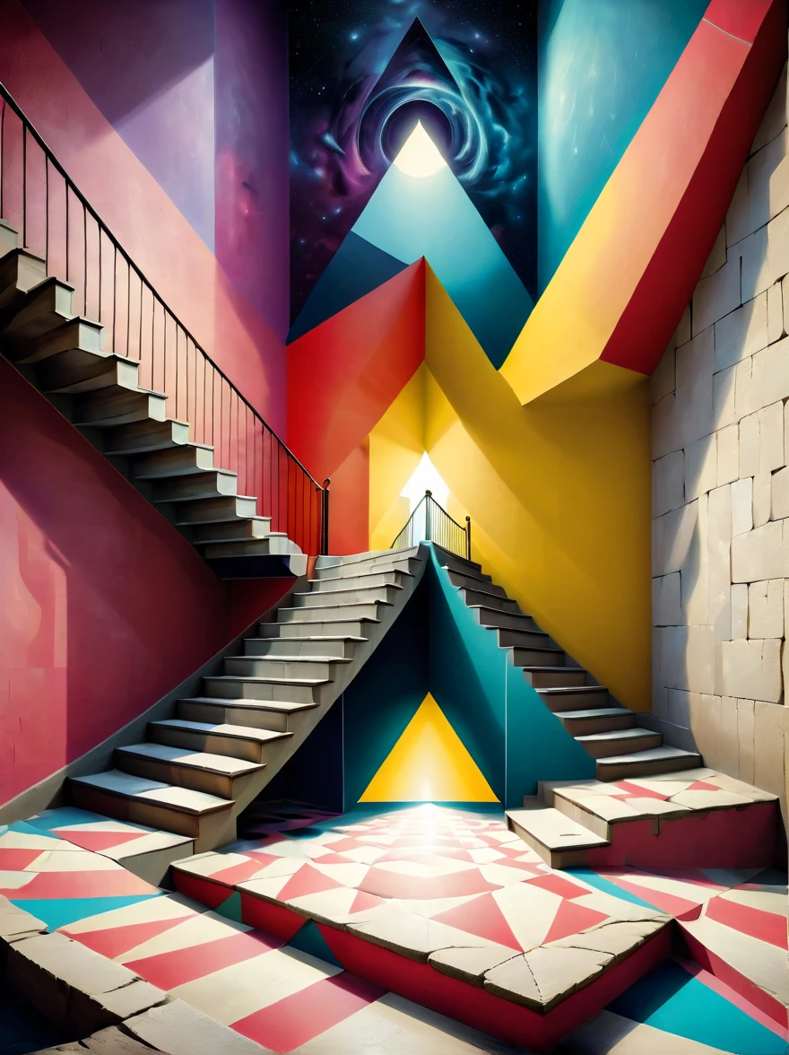 Crea dos imágenes con ilusiones ópticas.. La primera imagen debe incluir un clásico triángulo imposible., creando una paradoja visual que desafía la percepción. La segunda imagen debería ser un juego de perspectiva., donde las escaleras parecen subir y bajar simultáneamente, llevando a ninguna parte y a todas partes. Ambas imágenes deben estar diseñadas para intrigar y confundir al espectador., Uso de una combinación de formas geométricas, líneas, y colores contrastantes para realzar el efecto ilusorio. Estas ilusiones ópticas deben ser visualmente impactantes y alucinantes., Capturando la esencia del engaño visual..