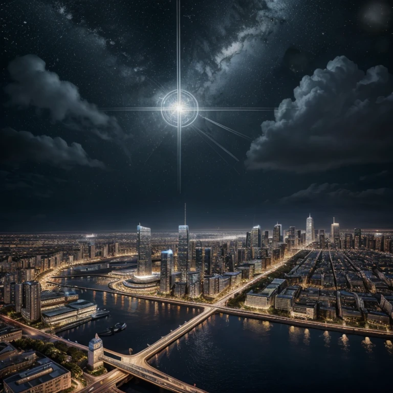 master piece, best quality, 8k, ultra-detailed, realistic,
professional lighting, realistic shadow, fine details, Golden ratio, high detail, Photorealism,
night, night view, beautiful light up,
town by the sea, multiple skyscrapers, future, 
Stylish,  beautiful starry sky, beautiful planet in the sky, 
A pillar of pale light is falling from the sky in the center of the city,
originality