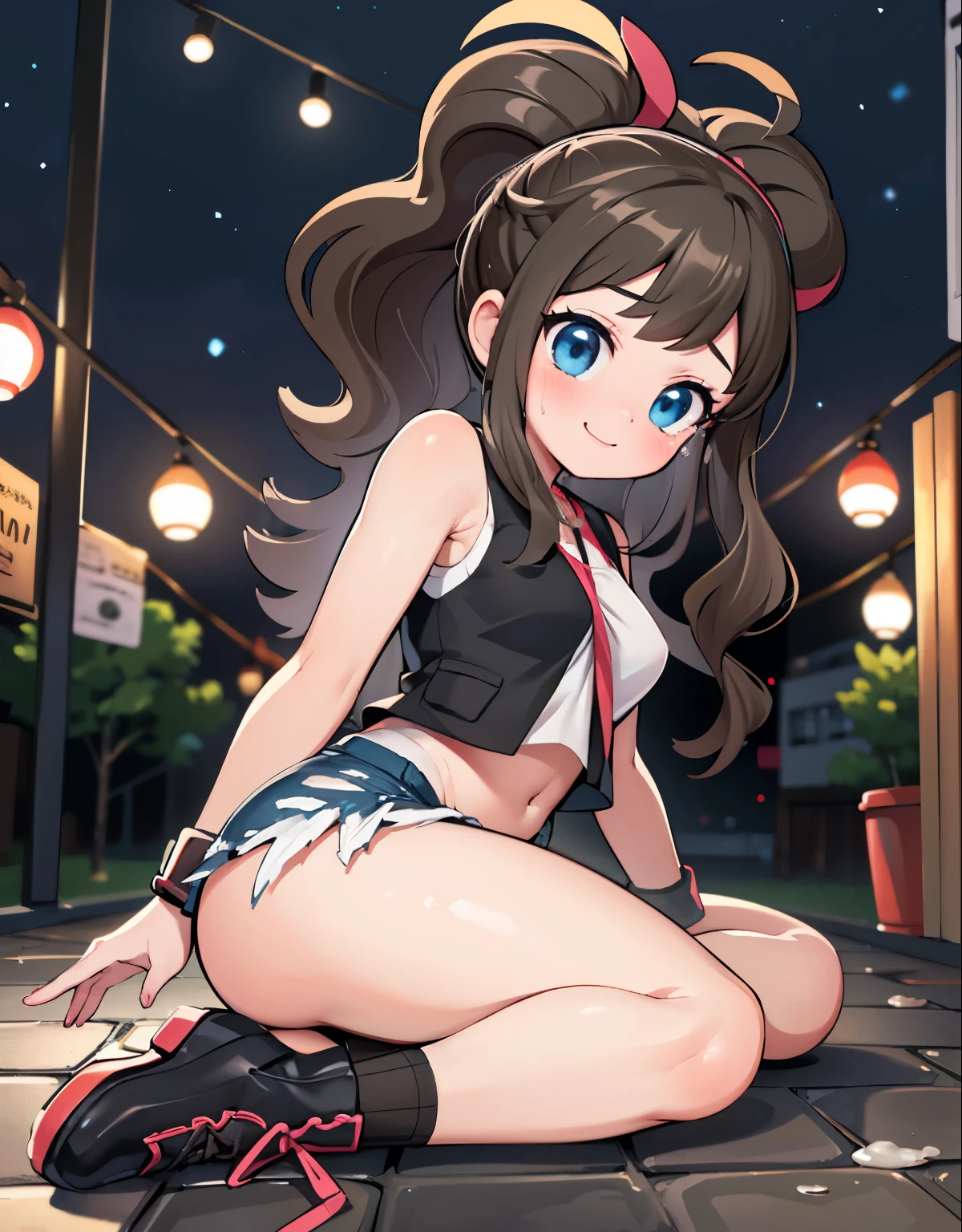(best quality, highres, masterpiece:1.2), ultra-detailed, realistic:1.37, sketches, hilda pokemon, def1, curvy girl, legs together, curvy, visible thighs, chubby thighs, thighs in the foreground, fishnet, fishnets, pantyhose fishnet, body shape, Ahegao, sitting on the floor, in a dark street, night, neon city, watched by a crowd of people, dirty place, beer bottles, trash on the floor, Dumpster, graffiti on the wall) vibrant colors, ahegao look, fearful, afraid, nervous smile, looking_at_viewer, wide hips, high angle shot, fullbody, nsfw, cry, facial, cum on face, nsfw, cum on hair