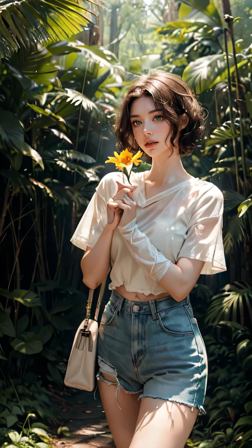 1 woman, face, (((1 woman:1.37, alone))), 20 years old, black hair, crying sound, holding a daffodil, With both hands,  yellow flowers, white short sleeves, tee shirt, Hot pants, beautiful face , cute face , active face,), (((Short hair, wavy hair.))), (((delicate and beautiful green eyes,))), (((Sunny))), (((lake))) , (( (In the woods))), partial, burning, glowing skin, Very durable CG integrated 8k wallpaper, Very nice 8KCG wallpaper, Durable 8K animation, (masterpiece, best quality), high durability, Very durable, very side, acoustic lighting, cowboy sHots,sexy,Hot