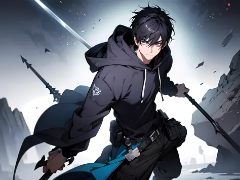 1 man, black hair, short hair, wearing blue hoodie and long pants, holding a spear on his right hand, face to detail, detailed e...