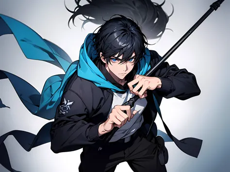 1 man, black hair, short hair, wearing blue hoodie and long pants, holding a spear on his right hand, face to detail, detailed e...