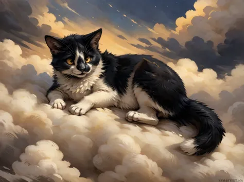 Solo, By kenket, Leo, a black and white cat, chonky,  yellow eyes, feral, cute, lying down, on a cloud, floating in the sky, looking happy, content, in heaven
