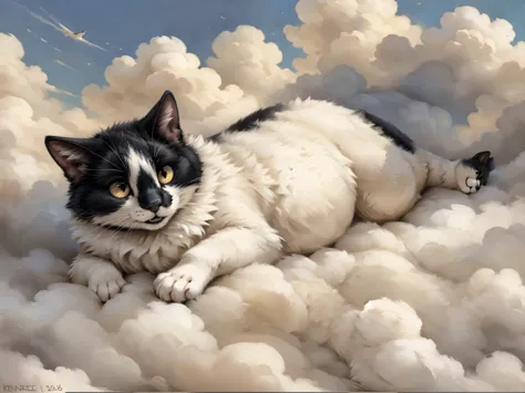Solo, By kenket, Leo, a black and white cat, chonky,  yellow eyes, feral, cute, lying down, on a cloud, floating in the sky, looking happy, content, in heaven
