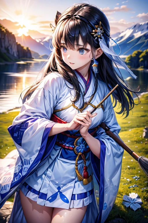 queen of the ainu、cute、Ainu pattern clothes、white and blue clothes、Ainu pattern、has a spear、Ainu art、clean your eyes、Fingers correctly、Landscape at night