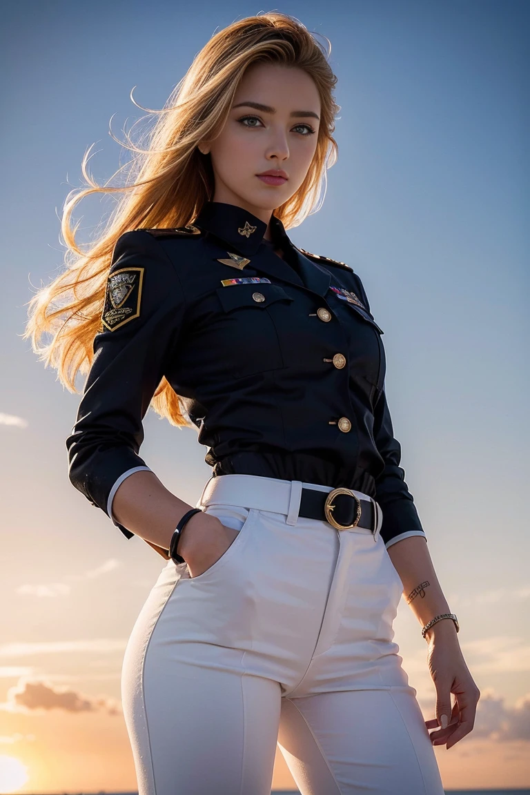 AMBER HEARD,  28 years, (8k,photorealistic RAW photography best quality;1.4), (1 mature female)　super beauty　(realistic face)　Blonde woman in white uniform posing on battleship,　Woman in white military uniform　White pants with military uniform　Navy officer　Beautiful expression　Real looking skin　super high resolution　Precision details　warship deck　Sunset