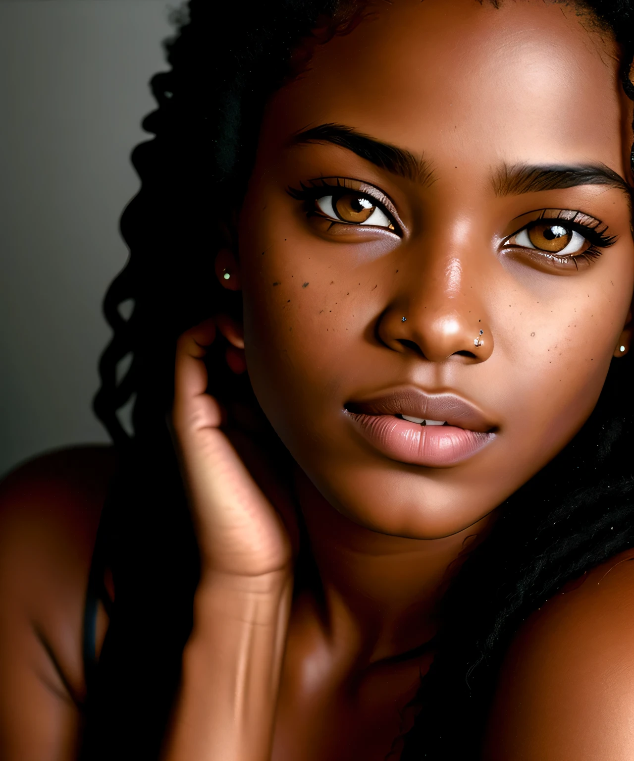 blkmndy, aggression, flirting with the camera, natural skin texture, hyper realism soft light, close up portrait photo by Annie Leibovitz, film, studio lighting, detailed skin, ultra realistic, bokeh, sharp features