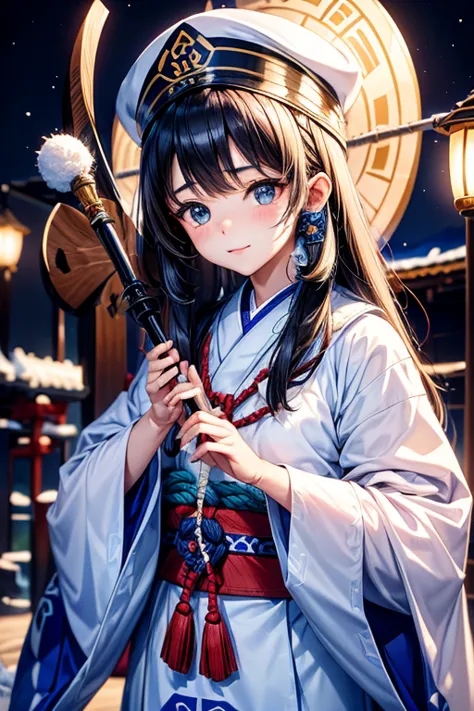 queen of the ainu、cute、Ainu pattern clothes、white and blue clothes、Ainu pattern、has a spear、Ainu art、Clean your eyes、Fingers cor...