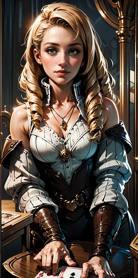 Highly detailed, High Quality, Masterpiece, beautiful, PlayingCards, 1slave girl, solo, holding, card, table, holding card, sitting, indoors, playing card, pov across table, closed mouth, looking at viewer, Forrest, Blonde hair, jacket on shoulders, neckla...