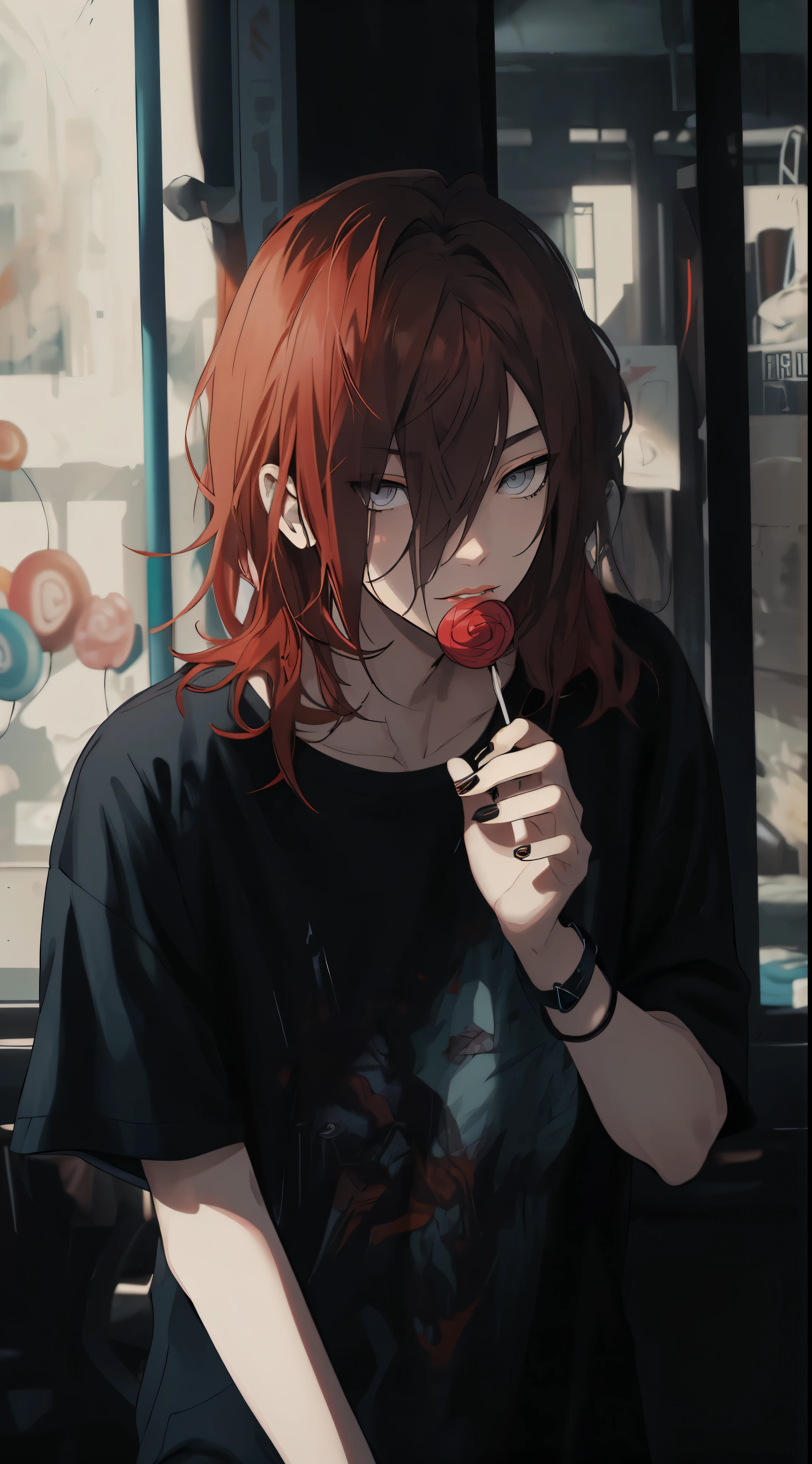 Anime girl with red hair eating a lollipop in front of a window - SeaArt AI