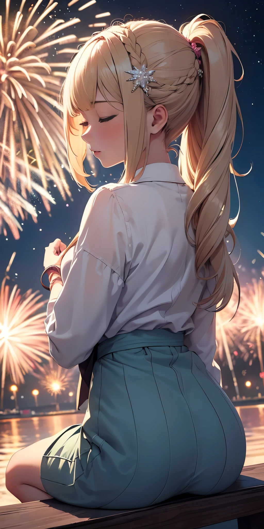 (((masterpiece))), (1girl:1.5), hyper detailed, highres, ((best quality)), (extremely delicate and beautiful), {8k cg wallpaper}, illustration, (blush), (braided ponytail | ponytail | hairbun), (extremely detailed background:1.6), (very long black hair|blonde hair), detailed face, night, festival, (kimono:0.7), outdoors, lantern, (fireworks:1.4), paper lantern, snow, wind, snowflakes, hair ornament, closed eyes, (from behind:1.3), sitting, river, riverbank, starry sky, (holding hands:0.6), leaning on person, pointing, on heaven
