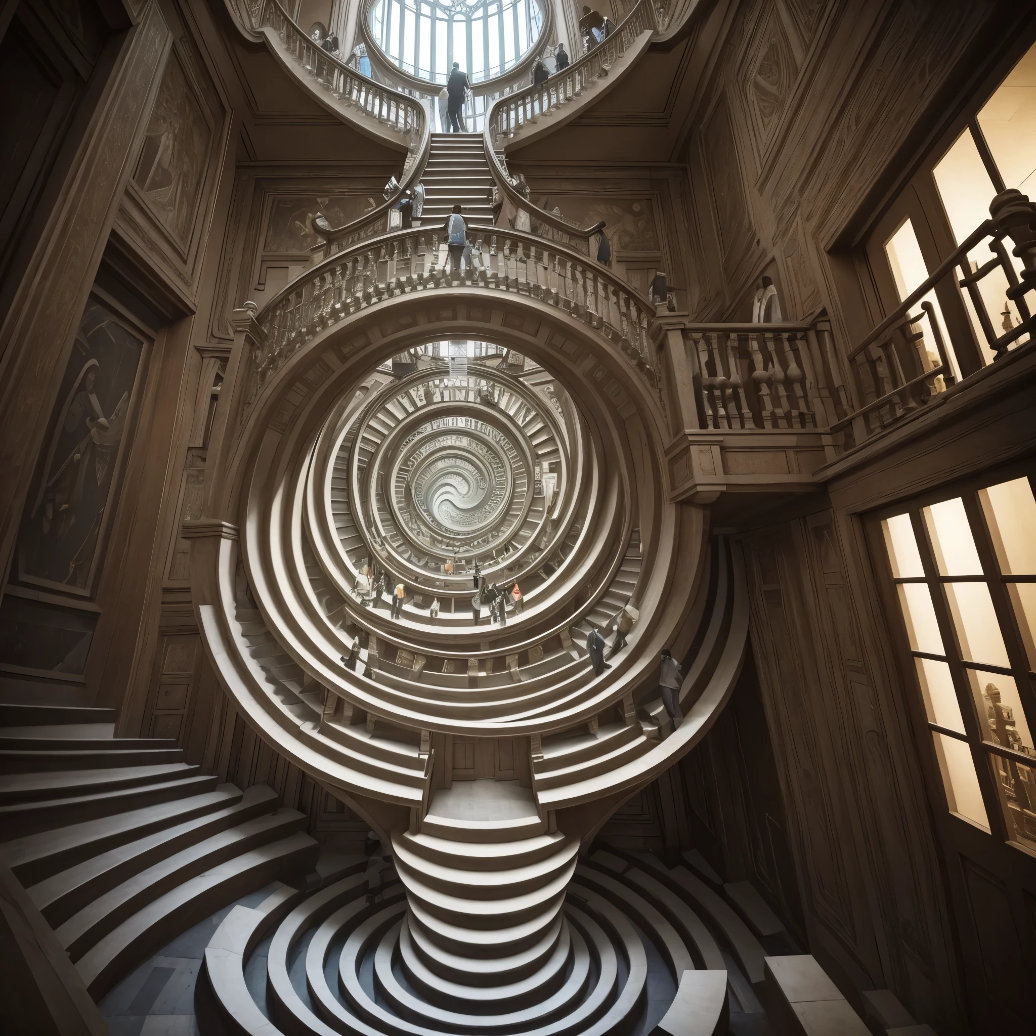 A close up of a spiral staircase in a building with a skylight - SeaArt AI