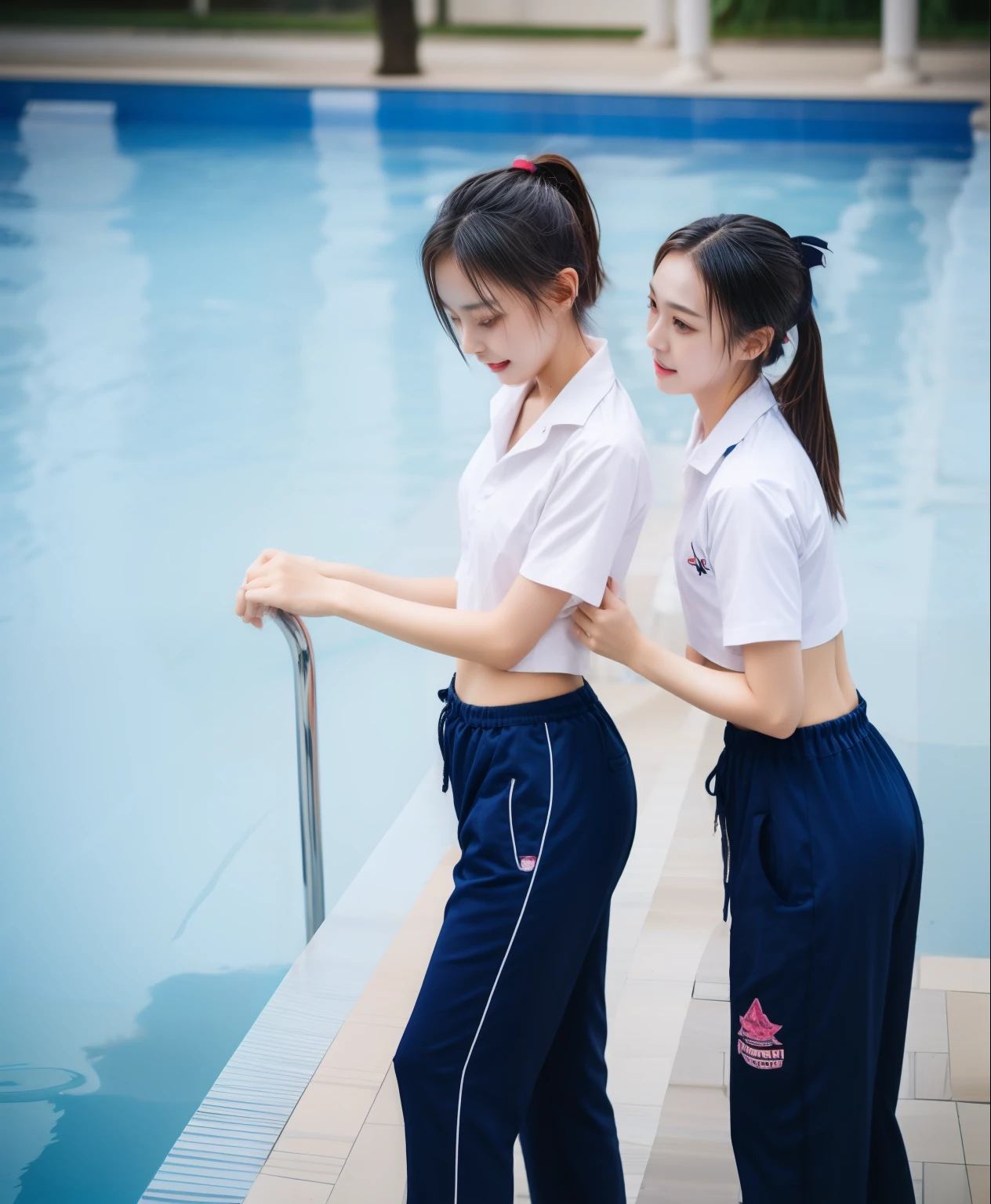 Two girls in school uniforms standing next to a swimming pool - SeaArt AI